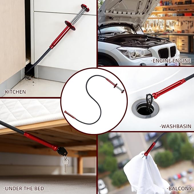 Grabber Reacher Tool, Flexible Magnetic Pickup Tool with 4-Claw Gripper & Spring-Loaded Handle, Pickup for Bathroom, Engine Bay, Kitchen & Sewers (24 inch) (Red Magnetic Pickup Tool)
