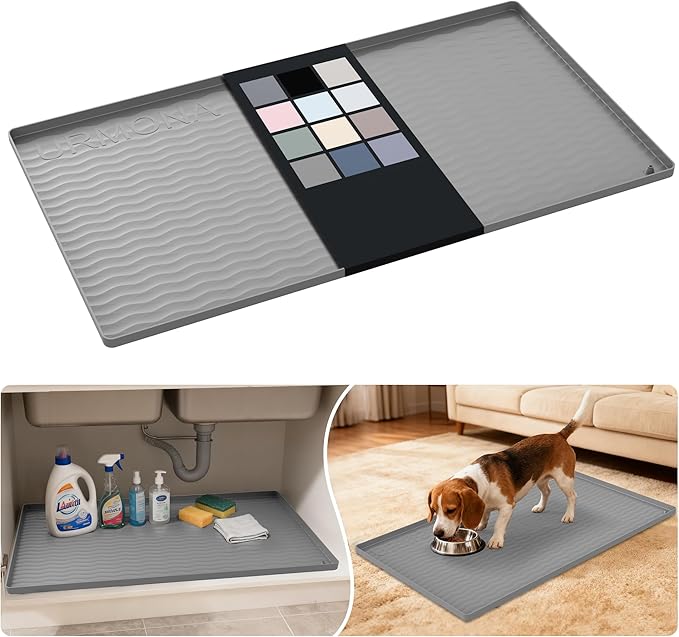 URMONA Waterproof Silicone Under Sink Mat 34'' x 19'' Shelf Liner for Kitchen and Bathroom, Cabinet and Counter Protector, Storage and Organizers, Litter Mat, Pet Cat Puppy Essentials(Beige)