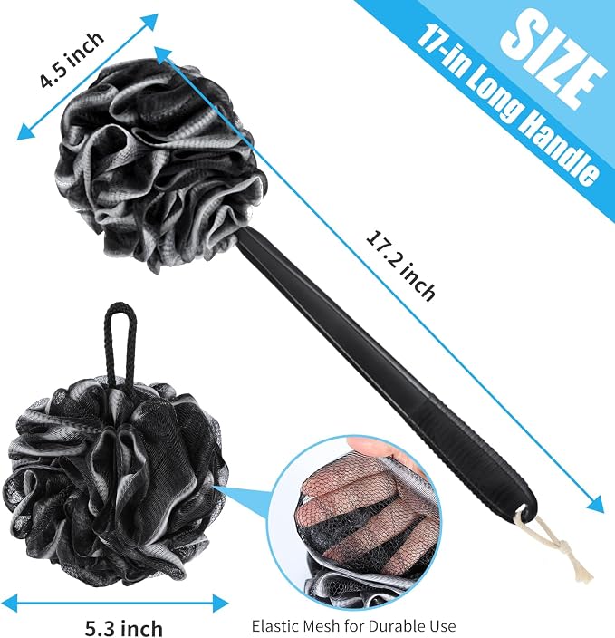 VANZAVANZU Loofah Sponge Set Loofah Exfoliating Body Scrubber, Anti-Slip Plastic 17" Handle Loofah on a Stick with Fluffy Shower Sponge, PE Soft Mesh Shower Loofahs-Black with White Edge