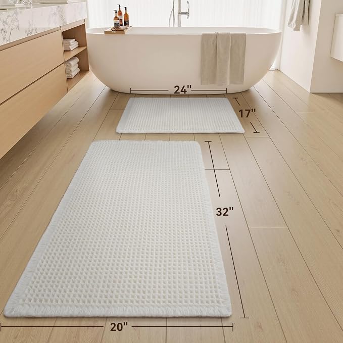 Upgraded Waffle Bath Mat Set of 2, Super Absorbent Non Slip Bath Mats for Bathroom Floor, Washable Boho Bathroom Rugs Set 2 Pieces with Tassels, Soft Bathroom Mat Set, White, 17" x 24" + 20" x 32"