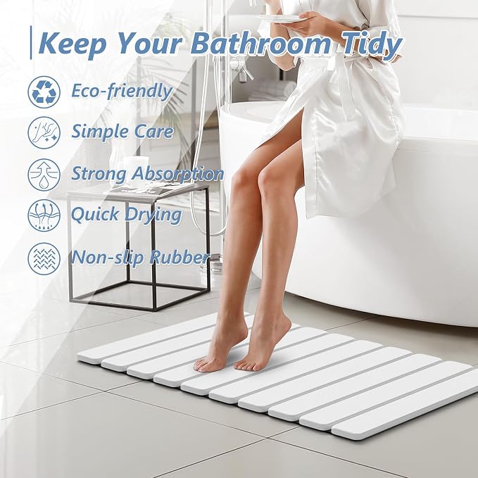 AWW Foldable Stone Bath Mat, Quick Dry Diatomaceous Earth Bath Mat with Non-Slip Mat, Super Absorbent, Easy to Clean, Compact for Small Bathrooms, 23.6 x 15.5, White