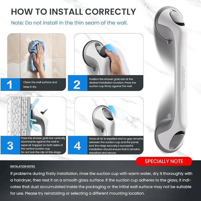 2 Pack 16 Inch Grab Bars for Bathtubs and Showers for Seniors, Heavy Duty Shower Handle for Elderly, Suction Cup Removable Handrails Handicap Bath Grip Bathroom Upgrade Safety Grips (Gray)