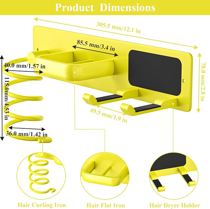 Tindbea Hair Dryer Holder Wall Mount Aluminum Alloy Hot Tools Organizer | Heavy Duty, Bright Yellow