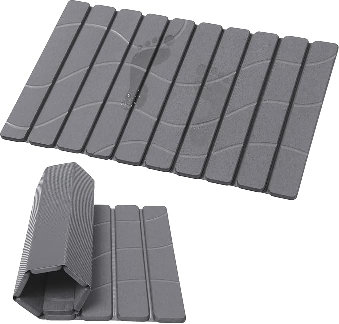 Linidcoud Foldable Stone Bath Mat, Non Slip Large Diatomaceous Shower Mat, Super Absorbent Quick Drying Stone Mat for Bathroom Kitchen Floor Counter Sink,Easy to Clean & Store (24" x 16" Dark Gray)