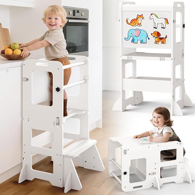 Woodure 4-in-1 Toddler Kitchen Step Stool, Learning Standing Tower with Whiteboard, Wooden Kitchen Stool Helper for Kids, 1-3 Year Old Boy Girl Gifts-White