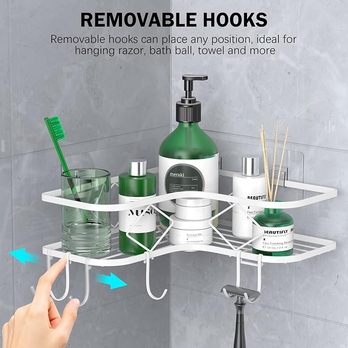 Shower Caddy, 2 Pack Corner Organizer Shelf, Rustproof Wall Mount Shower Storage Rack, No Drilling, 40 lbs Capacity (Glossy White)