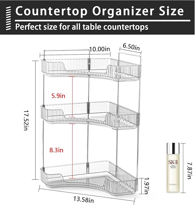 shuang qing 3-Tier Corner Bathroom Counter Organizer – Classic Storage Shelf for Makeup, Perfume & Toiletries, Space-Saving Countertop Tray Fits Bathroom, Dresser, Kitchen (Slate Gray)