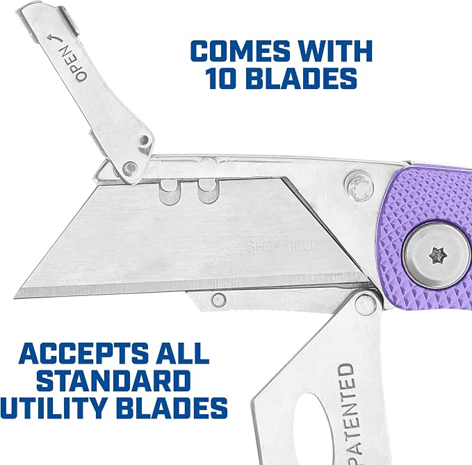 Sheffield 12346 Lock Back Utility Knife 4 Pack with 10 Blades, Quick Change Folding Box Cutter, Aluminum Handle Utility Knives with Pocket Clip, Pink & Purple