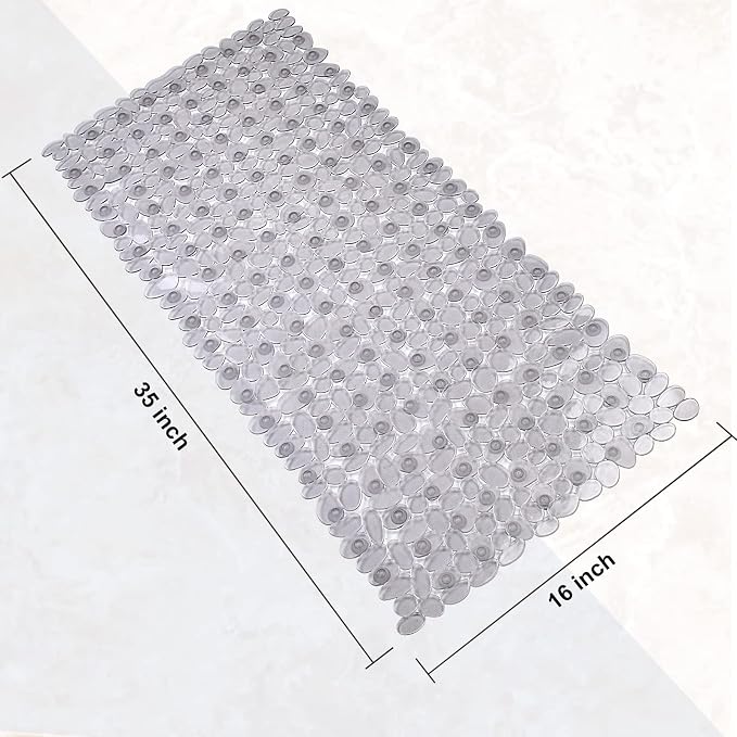 SONGZIMING Bathtub Mat Non Slip Pebble Bath Shower Mat with Drain Holes, Suction Cups Mat for Tub 16" W x 35" L, Clear Grey