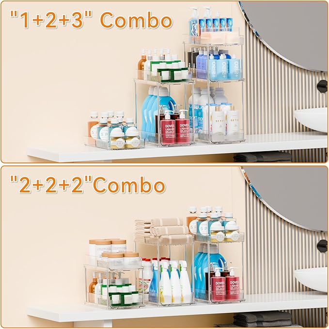 2 Pack 3 Tier Large Pull Out Bathroom Organizers and Storage,13.8″ Deep Sliding Kitchen Under Sink Organizer for Cleaning Products Storage,Acrylic Clear Bathroom inder Sink Organizer,Undersink Storage