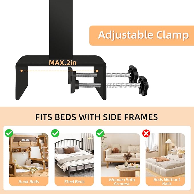 Adjustable Bedside Shelf for Bed, College Dorm Room Essentials, Bamboo Bed Side Tray Table with Sturdy Metal Pole, Clip On Nightstand Organizer for College, Apartment, Bunk Beds