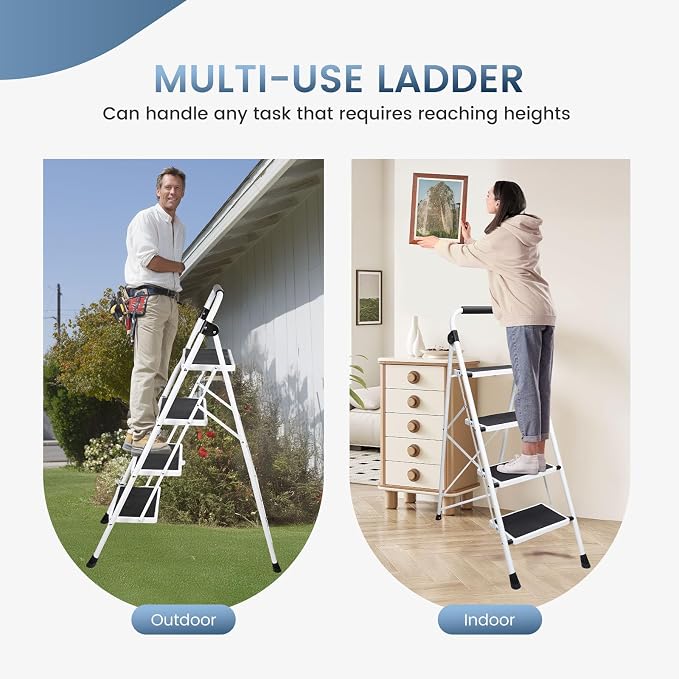OLIXIS Step Ladder, 4 Sturdy Step Stool with Anti-Slip Pedal & Comfortable Handrail, Portable Heavy Duty Step Stool for Kitchen, Garage & Outdoor Use, 330lbs, Black