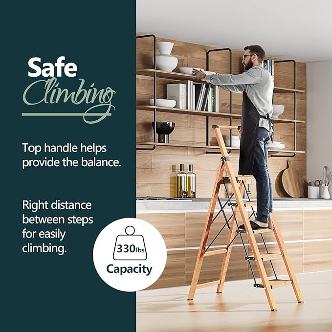 WOA WOA 5 Step Ladder, Ladders for Home, Anti-Slip Pedals, Aluminum Step Stool Foldable, Lightweight to Move, Ease of Storage, Reach 10ft for Closet Kitchen Library, Hold 300lbs - Wood Grain