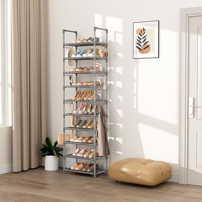 VTRIN 10 Tiers Tall Shoe Rack Holds 20-25 Pairs of Shoes Sturdy Vertical Shoe Organizer with 18pcs Hooks Stackable Narrow Shoe Rack for Closet, Entryway Grey