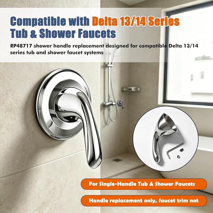 RP48717 Shower Handle Replacement, Compatible with Delta 13/14 Series Tub and Shower Faucet, Single Handle Tub Shower Faucet Handle, Chrome Plated Metal Handle