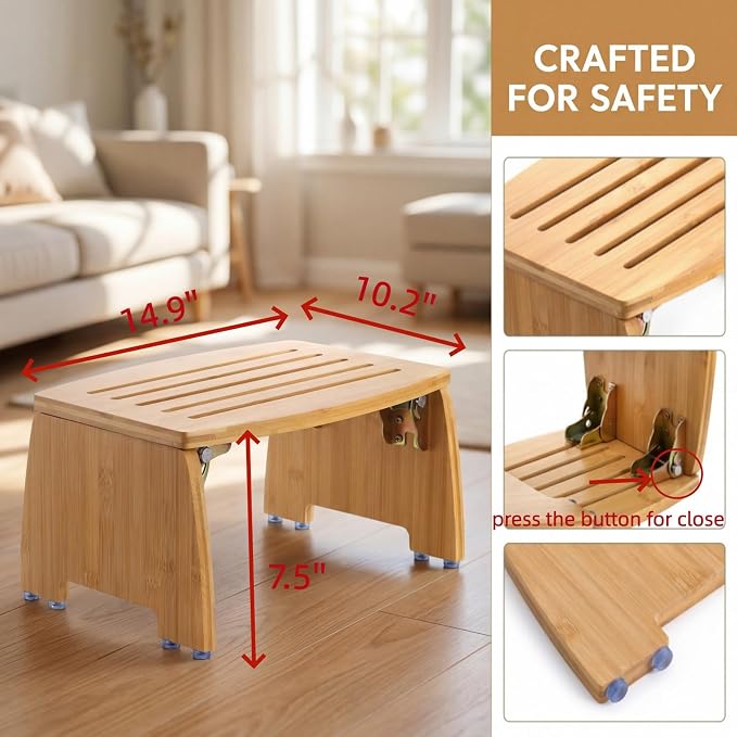 Lyellfe Bamboo Folding Step Stool, Non-Slip Leg Shaving Foot Rest Chair, Foldable One Step Stool for Home, Adults, Support up to 300lbs, Fully Assembled