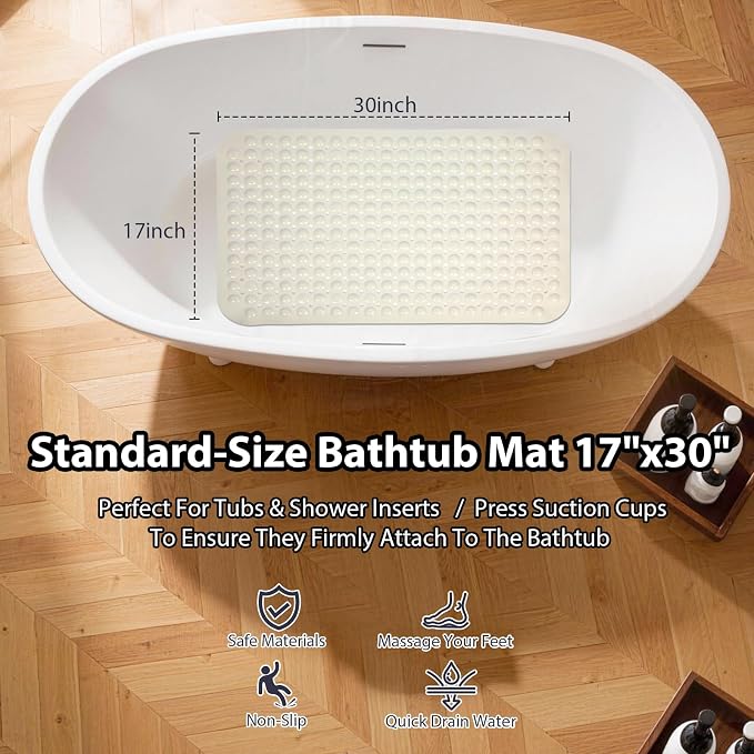 Beige Bathtub Mat Shower Mat Non Slip 17x30 Inch Standard Size, Soft Bubble Bath Tub Mat Shower Mats for Inside Shower Bathroom Floor Mat with Big Suction Cups & Drain Holes, BPA-Free