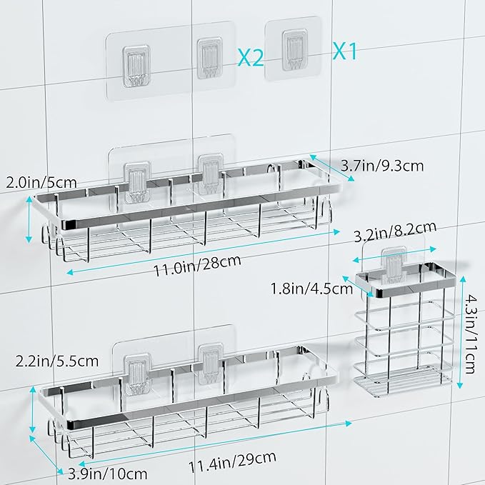 Shower Caddy Organizer with Hooks,Self Adhesive Bathroom Shelves,Shower Shelves,No Drilling Bathroom Organizers and Storage,Perfect for RV, Apartment, Home Decor,Silvery 3PK
