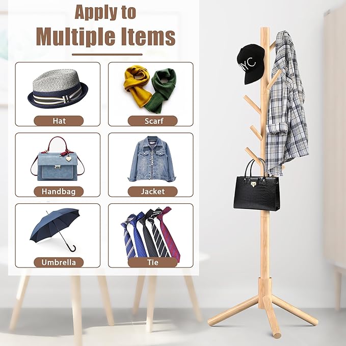 Haddockway Wooden Coat Rack Stand with 8 Hooks New Zealand Pine 3 Adjustable Coat Standing Tree Easy Assembly for Coats, Hats, Scarves and Handbags for Entryway, Hallway, Bedroom, Office