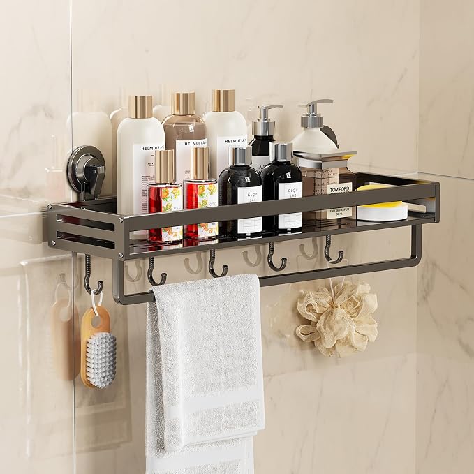 Suction Cup Shower Caddy, 11.8 inch Extended Version, with 5 Hooks & Towel Rrack, No Drilling Required, Rust-Resistant Bathroom Shower Organizer,Dark Grey