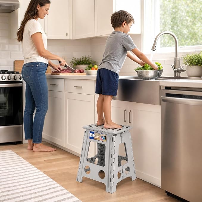 ACKO Folding Step Stool Foldable 16 Inch 400 lbs Capacity, Plastic Stools for Adults and Kids, Collapsible Stools for Kitchen, Stepping Stool with Handle(Grey)