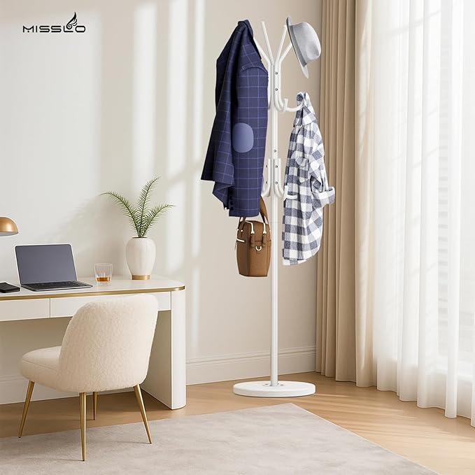 MISSLO Heavy Duty Coat Rack Freestanding with Stable Wood Base Modern White Coat Tree with 12 Hooks Adjustable Coats Hanger Stand Stylish Standing Clothes Tree for Entryway Bedroom Corner Hall