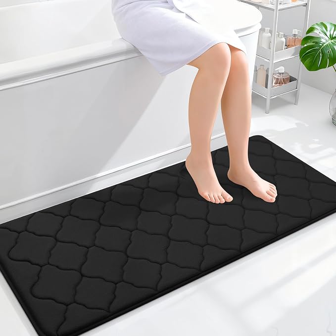 OLANLY Memory Foam Bath Mat Rug 47x20, Soft and Absorbent Bathroom Rugs, Non-Slip, Comfortable, Machine Washable Bath Carpet for Bathroom Floor, Tub, Shower and Home Decor Accessories, Black