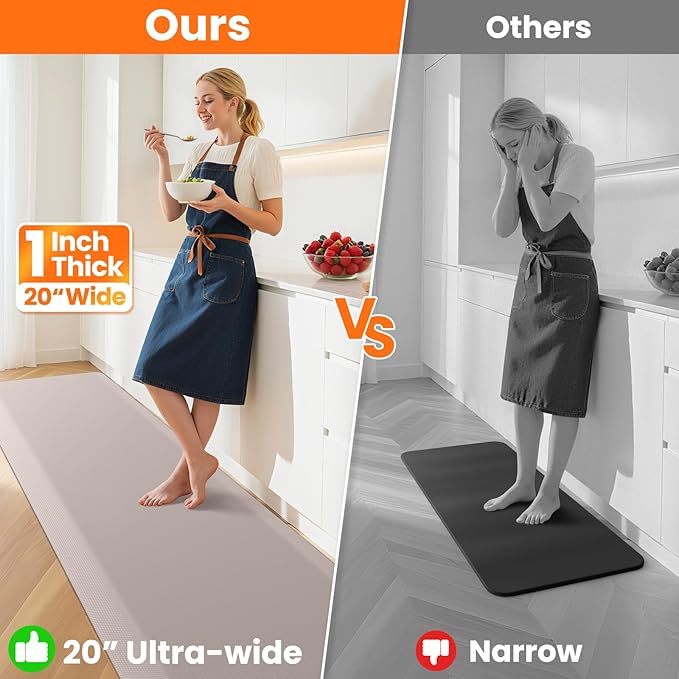 Kitchen Mats for Floor, 1 Inch Extra-Thick Kitchen Rugs, Waterproof & Non-Slip Anti Fatigue Mats, Comfort Standing Desk Mat for Kitchen Floor, Sink, Home, Office (20" X 72", Khaki)