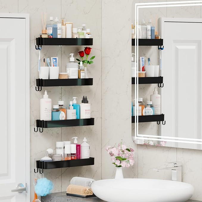 Yieach 4 Pack in Shower Organizers,Adhesive Shower Caddy,No Rust Acrylic Shower Shelves & Storage Rack,Plastic Bathroom Shelves,Bathtub Storage Organizer,Shampoo,Conditioner Holder for Washroom,Black