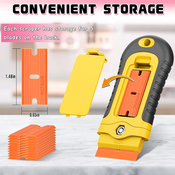 DIYSELF 2 Pcs Plastic Razor Blade Scraper with 10 Pcs Blades, Plastic Scraper Tool for Adhesive Remover, Scrapers for Cleaning Stickers, Decals, Glass, Windows, Car, No Scratches (Yellow)