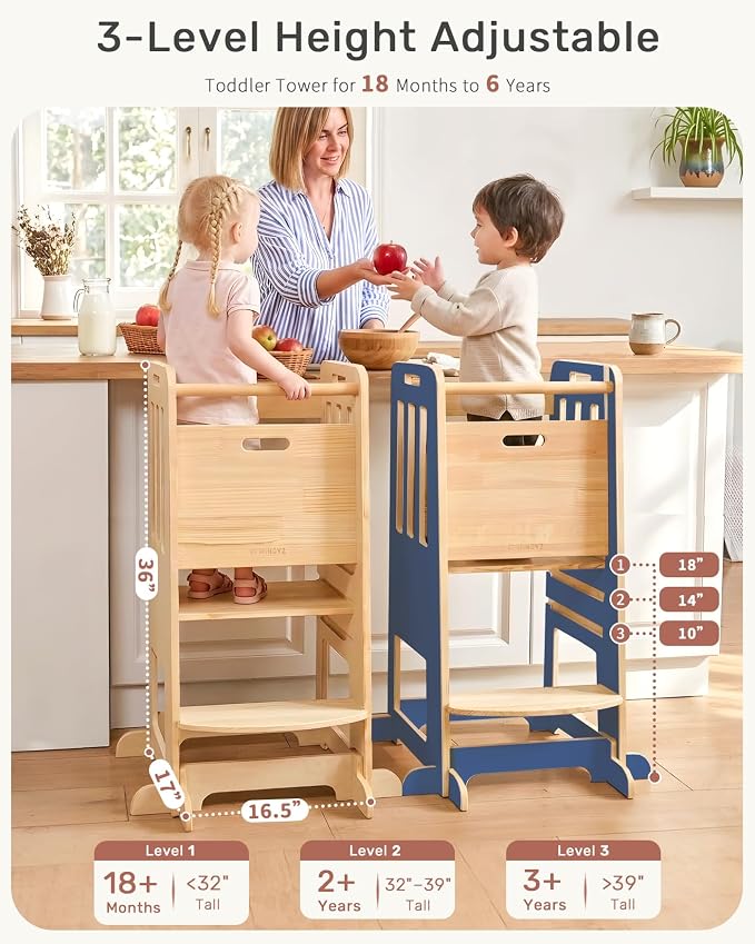 WINGYZ Toddler Tower - Anti-Tip Natural Wood Learning Stool Helper for Kids 18M-6Y, 150lb Capacity Kitchen Stool with 3-Height Adjustable Platform and Sliding Door Access, 20lb Portable Design, DK BLU