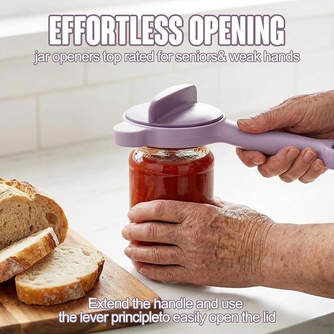 4-in-1 Adjustable Jar Opener for Seniors & Weak Hands - Multifunctional Stainless Steel Can Opener, Bottle Cap Gripper for Arthritis Sufferers - Kitchen Gadgets for Easy Opening（Purple）