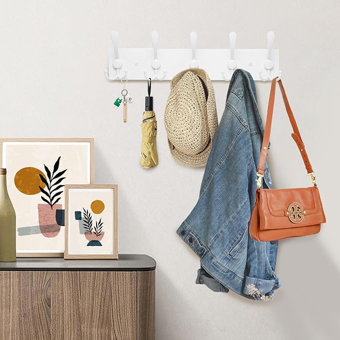 Kuhome 2pcs Coat Rack Wall Mount Coat Hooks Wooden Hat Rack for Wall Hooks Pine Real Wood Plank 16.9" White Coat Hanger with 5 White Triple Hooks for Hanging Coat Hat Jacket