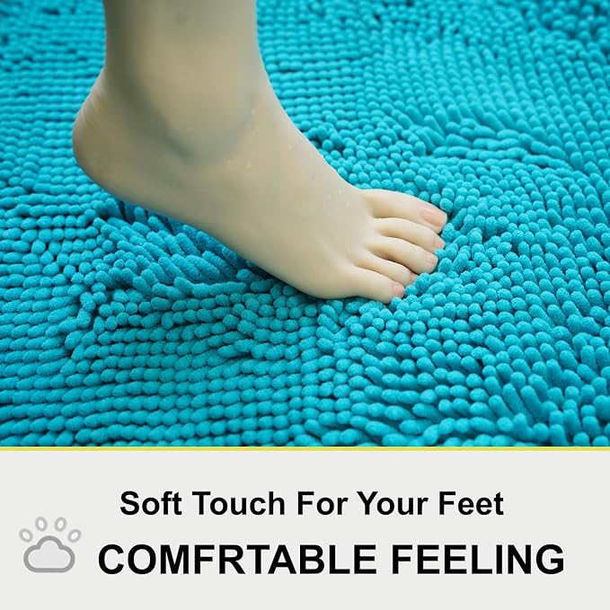 Bathroom Rugs Chenille 3-Piece Extra Soft and Absorbent Shag Bathroom Rugs, Machine Wash Mat, Strong PVC Non-Slip Underside, Plush Carpet Mats (Turquoise)