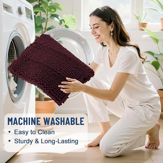Grandaily Chenille Striped Bathroom Rugs 30x20, Extra Thick and Soft Absorbent Bath Mats, Rubber Backing, Plush Shaggy Shower Carpet, Machine Wash Dry, Bath Rug for Bathroom, Black Cherry