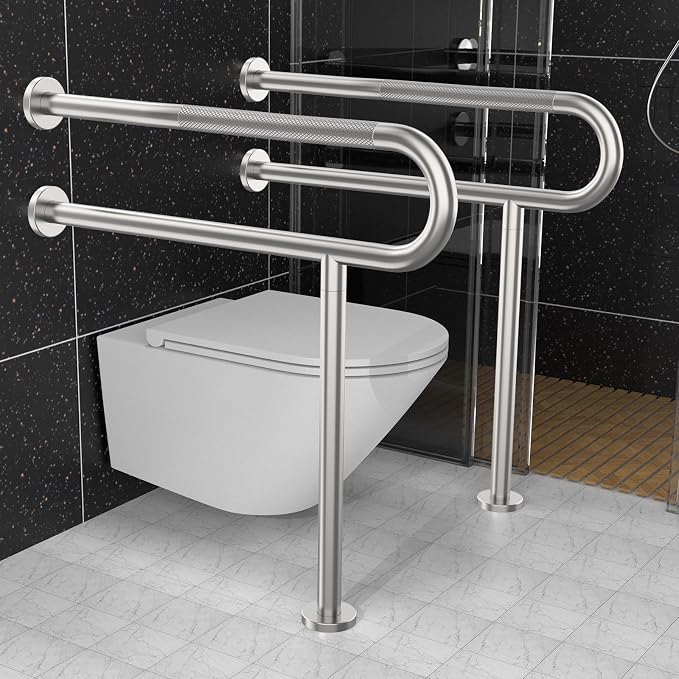 Toilet Support Rail 32 Inch, Munzong Anti-Slip Satin Brushed Nickel Handicap Grab Bar for Bathroom, Stainless Steel Knurled Safety handrails with Leg for Elderly Disabled Pregnant-1.25’Tube