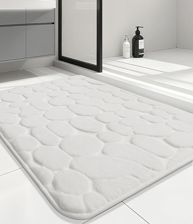 YIHOUSE Memory Foam Bath Mat Cobblestone Bathroom Rugs Super Water Absorbent Bath Mats for Bathroom Machine Washable Bath Rugs(17 x 24,White)