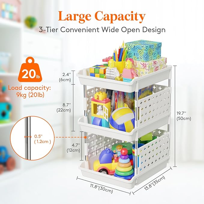 Lifewit Plastic Stackable Storage Baskets, 3 Tier Stacking Bins for Food and Clothes, Multifunctional Organizer for RV, Kitchen, Playroom, Pantry, White, 35 x 30 x 50 cm/14 x 12 x 20 inch, 1 Pack