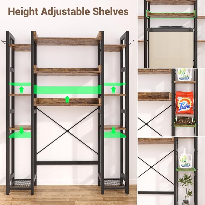 Besiost Over The Toilet Storage, 11 Tier Bathroom Organizer with Dual Side Racks and 2 Fabric Drawers, Adjustable Freestanding Rack Space Saver for Small Spaces, Rustic Brown