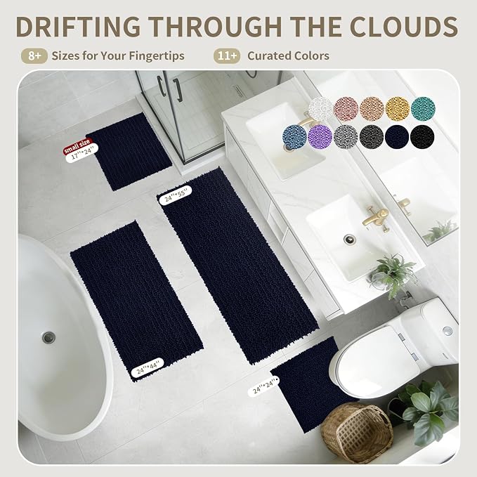 Toilet Rugs U-Shaped Mat 24x24, Contour Bathroom Mat - Ultra Soft & Absorbent Chenille, Quick-Dry, Machine Washable with Non Slip Barrier Backing, Navy Blue