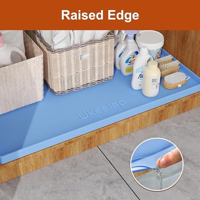 ukeetap Extra Thick Silicone Mat Waterproof with Raised Edge 34" x 22", Under Sink Mat for Kitchen & Bathroom, Kitchen Cabinet Liner, Multi-Purpose for Storage & Protection, Blue