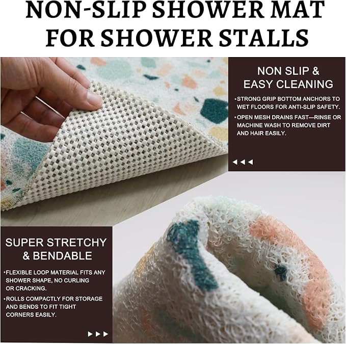 Corner Shower Mat Non Slip, 28x 28 Inches Triangular Bath Mats for Inside Shower, Soft PVC Loofah Bath Mat Without Suction Cups, Shower Mats Quick Drying and Easy Cleaning