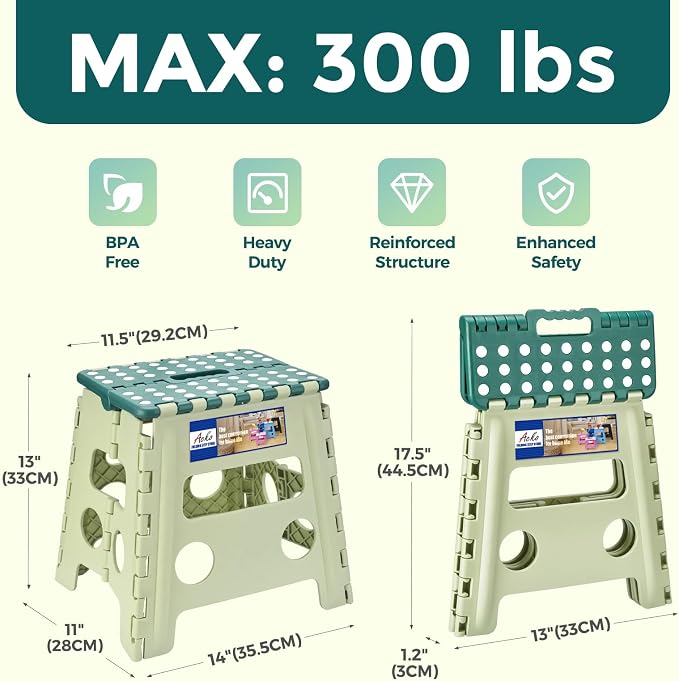 ACKO Folding Step Stool 13 Inch, Sturdy Collapsible Step Stool Foldable Up to 300 lbs for Adults, Non Slip Lightweight Foot Stools with Handle, Ideal for Kitchen, Bathroom, Bedroom, Garden, Green