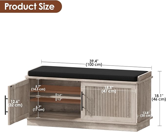 Akxomel Fluted Shoe Storage Bench with Cushion, 39.4" Entryway Bench with Adjustable Shelves and 2 Doors, Shoe Cabinet Bench with Curved Profile, for Hallway, Living Room, Bedroom, Greige