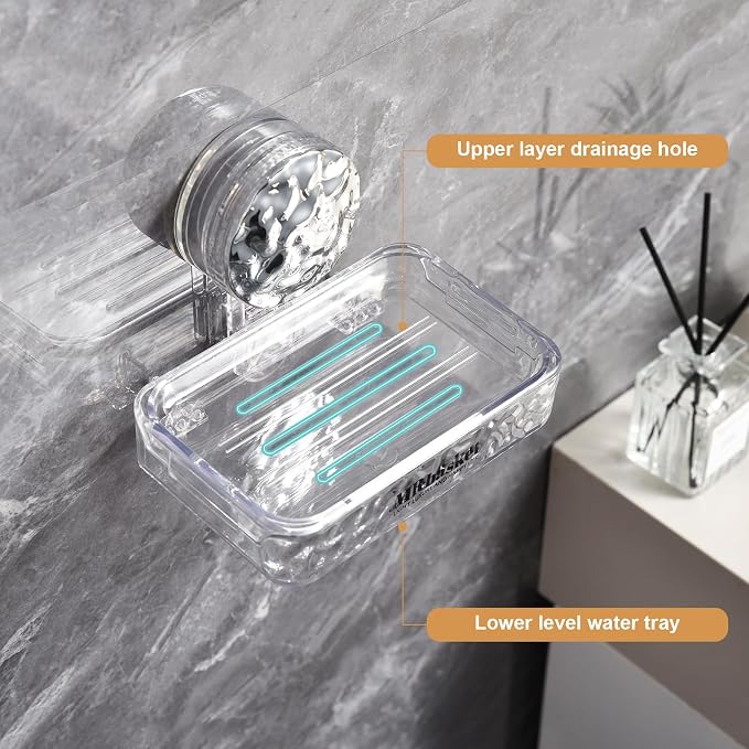 Soap Dish Holder Suction Cup, Wall Mounted Self Draining Soap Case & Sponge Rack, No Drilling Suction Bar Soap Holder for Bathroom, Kitchen Sink