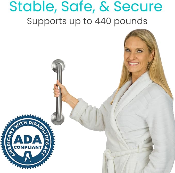 Vive Grab Bar for Showers - Bathroom Antislip Handrail for Seniors, Elderly Assistance Product, Heavy Duty Shower Handles, Handicap Grab Bars, Stainless Steel, Multipurpose, 440 lbs (Brushed Nickel)