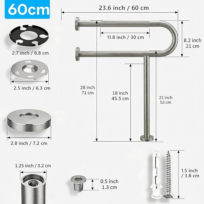 24 Inch Toilet Grab Bar with Leg for Bathroom, Wall & Floor Mounted Stainless Steel Handicap Grab Bar, Brushed Nickel Anti-Slip Knurled Grip, Safety Rail for Elderly, Disabled and Pregnant