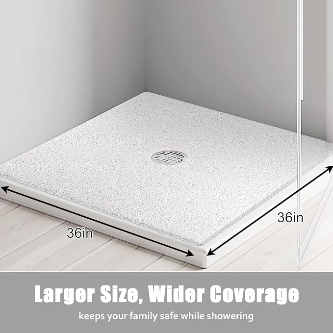 Square Shower Mat Non Slip: 36x36 Inch Extra Large Shower Floor Mat with Drain Hole in Middle, PVC Loofah Massage Anti Slip Shower Mats for Inside Shower, Super Soft and Comfortable, Quick Drying