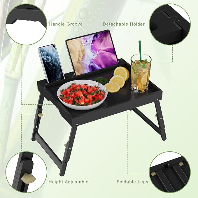 Artmeer Bed Tray Table with Folding Legs, Bamboo Breakfast Food Tray with Media Slot, Use As Platter, Laptop Desk, Snack, TV Tray Kitchen Serving Tray (Black Large Adjustable Legs)