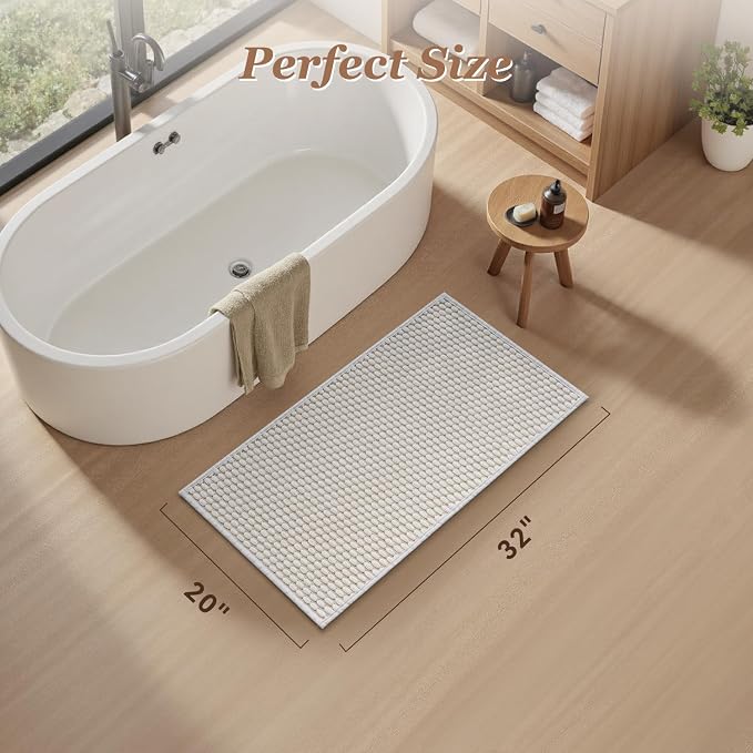 AMOAMI Unique Woven Bath Mat, Super Absorbent Non Slip Bath Mats for Bathroom Floor Textured Bathroom Mat Quick Dry Washable Boho Thin Bathroom Rugs for Beside Tub, 20" x 32", White